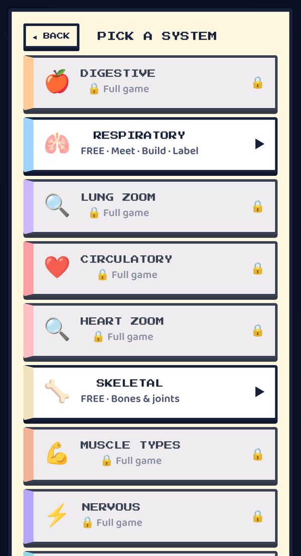 Body Factory screen for picking a body system
